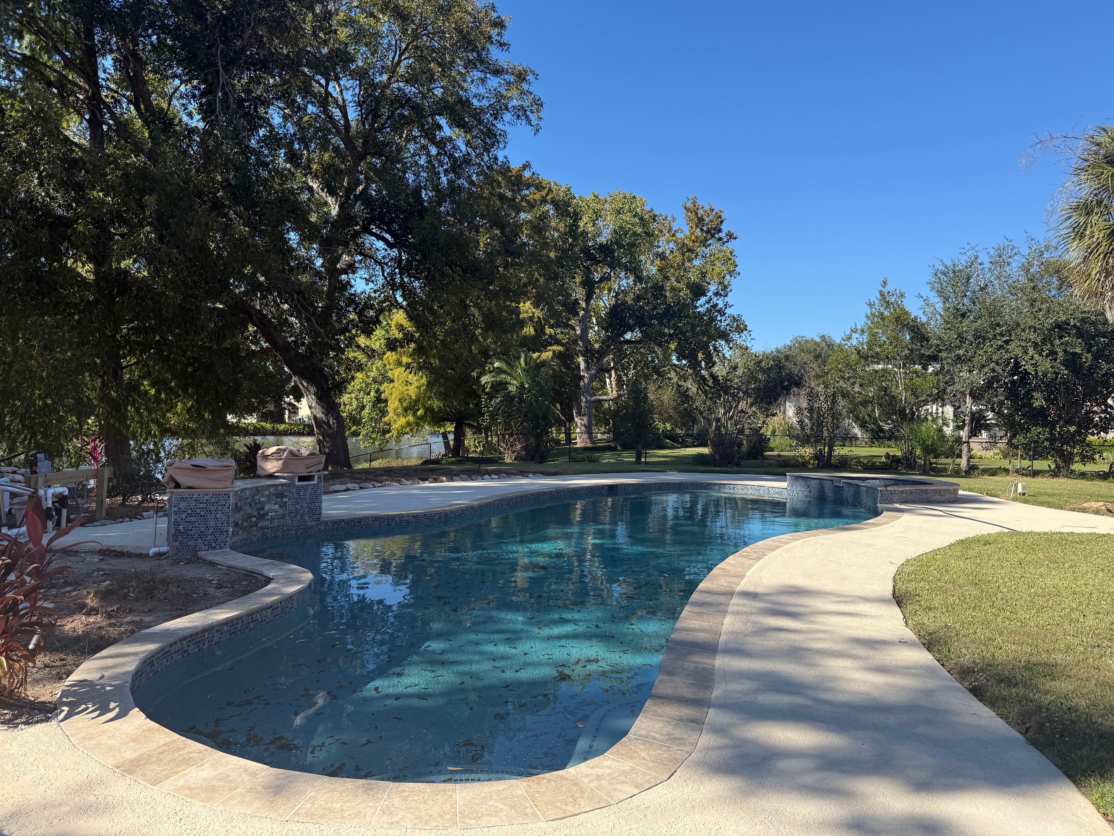 Pool with fall leaves and seasonal debris