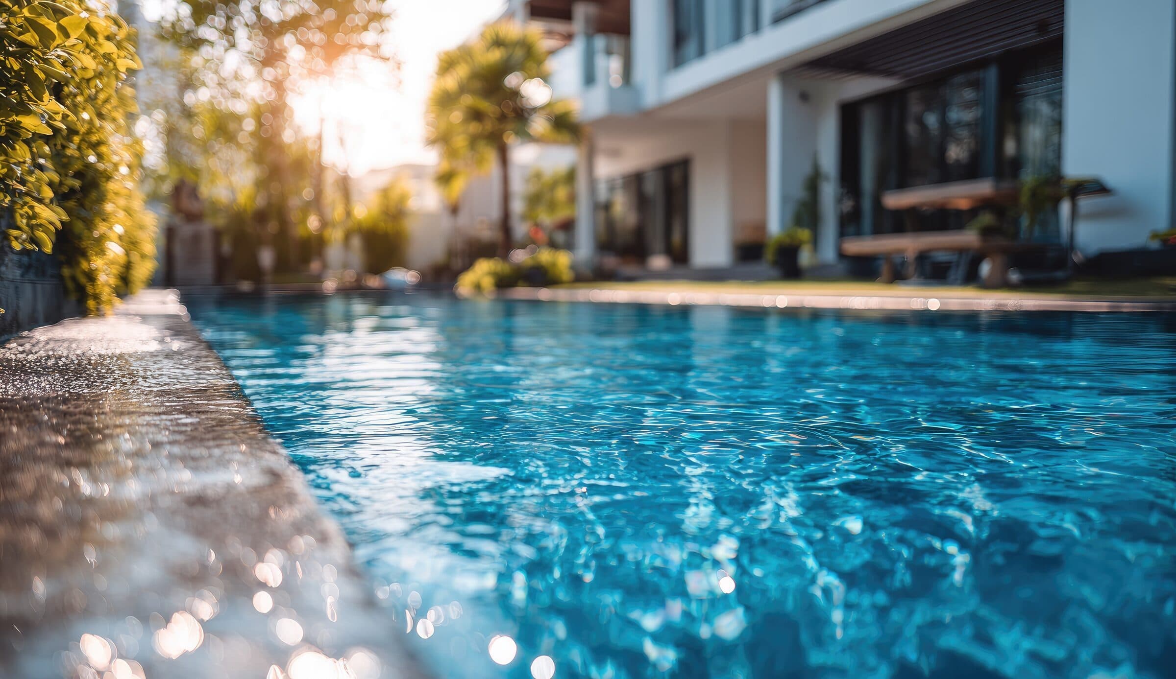 Residential pool edge with clear blue water